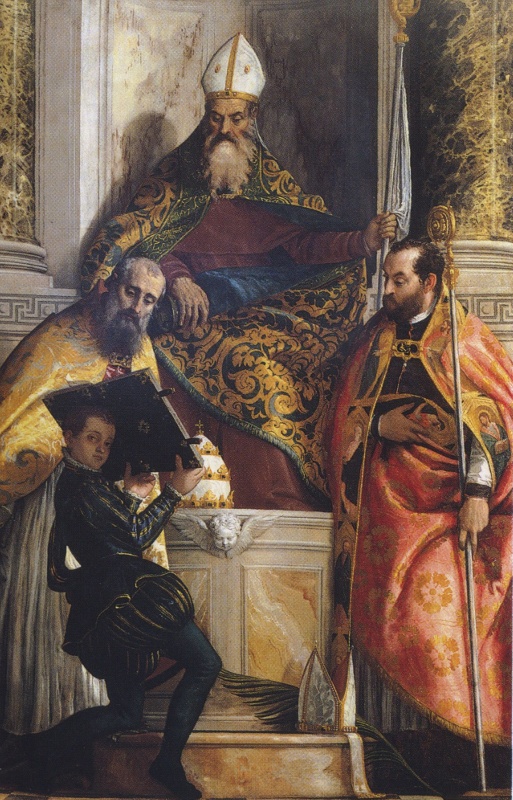 Veronese: Szent Antal apát, Kornél és Ciprián egy apróddal, 1567, Brerai képtár, Milánó. (Szent Kornél középen fent, Szent Ciprián pedig jobbra lent)
