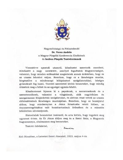 {{!ML!HU:Ferenc pápa köszönő levele Veres András püspöknek az MKPK elnökének}}