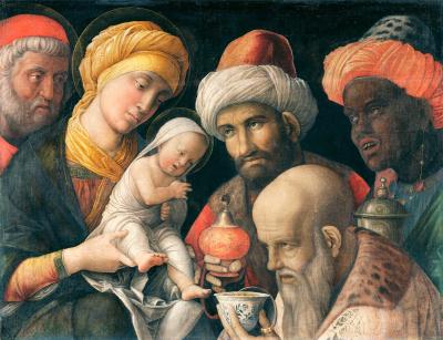 Andrea Mantegna: A Napkeleti bölcsek imádása, készítése 1497-1500 között, jelenleg a Getty Múzeumban őrzik Los Angelesben. Andrea Mantegna: A Napkeleti bölcsek imádása, készítése 1497-1500 között, jelenleg a Getty Múzeumban őrzik Los Angelesben.